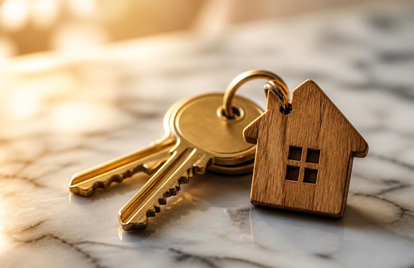 House keys with a wooden house keychain