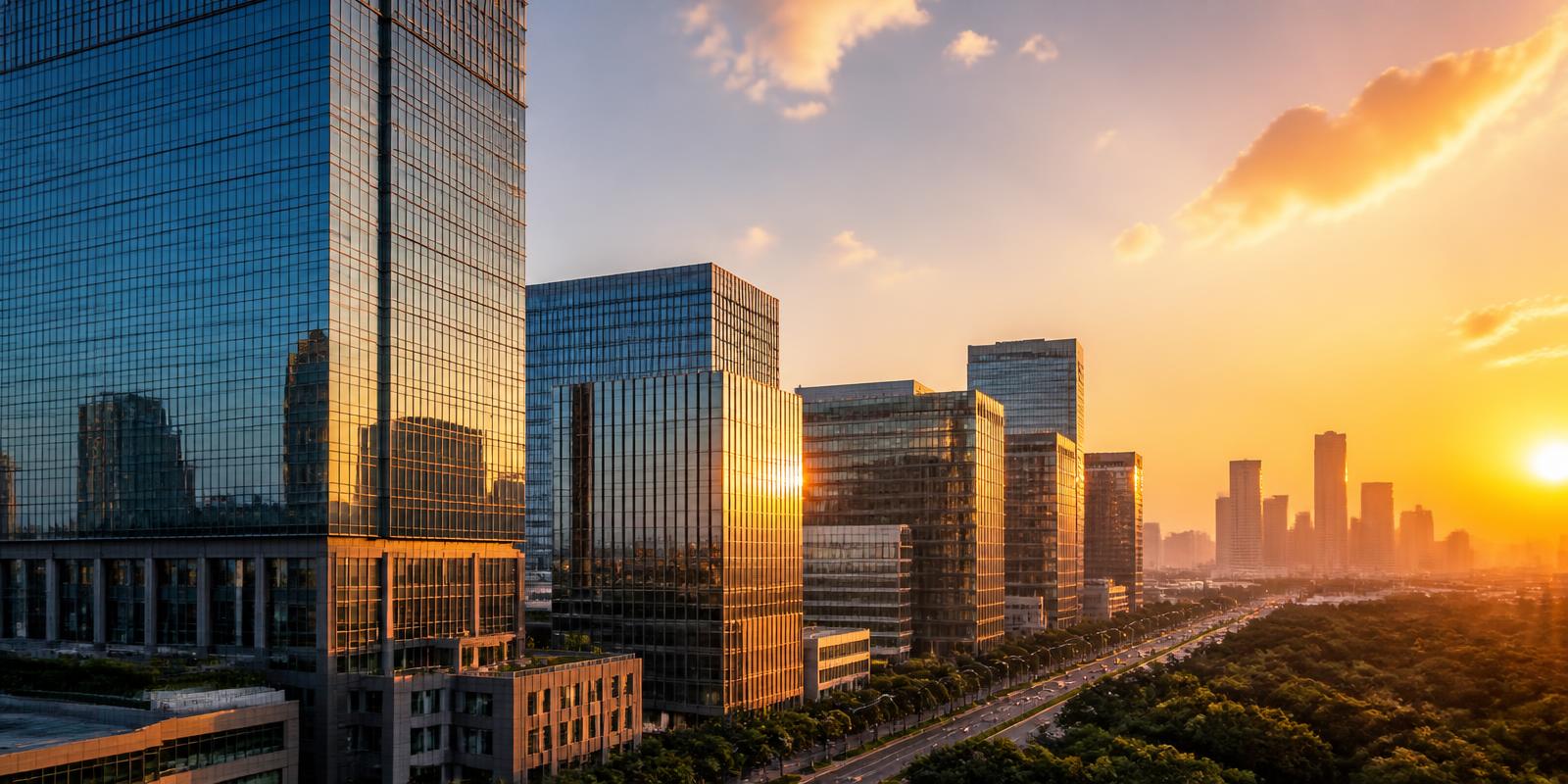 Indian business district skyline at golden hour